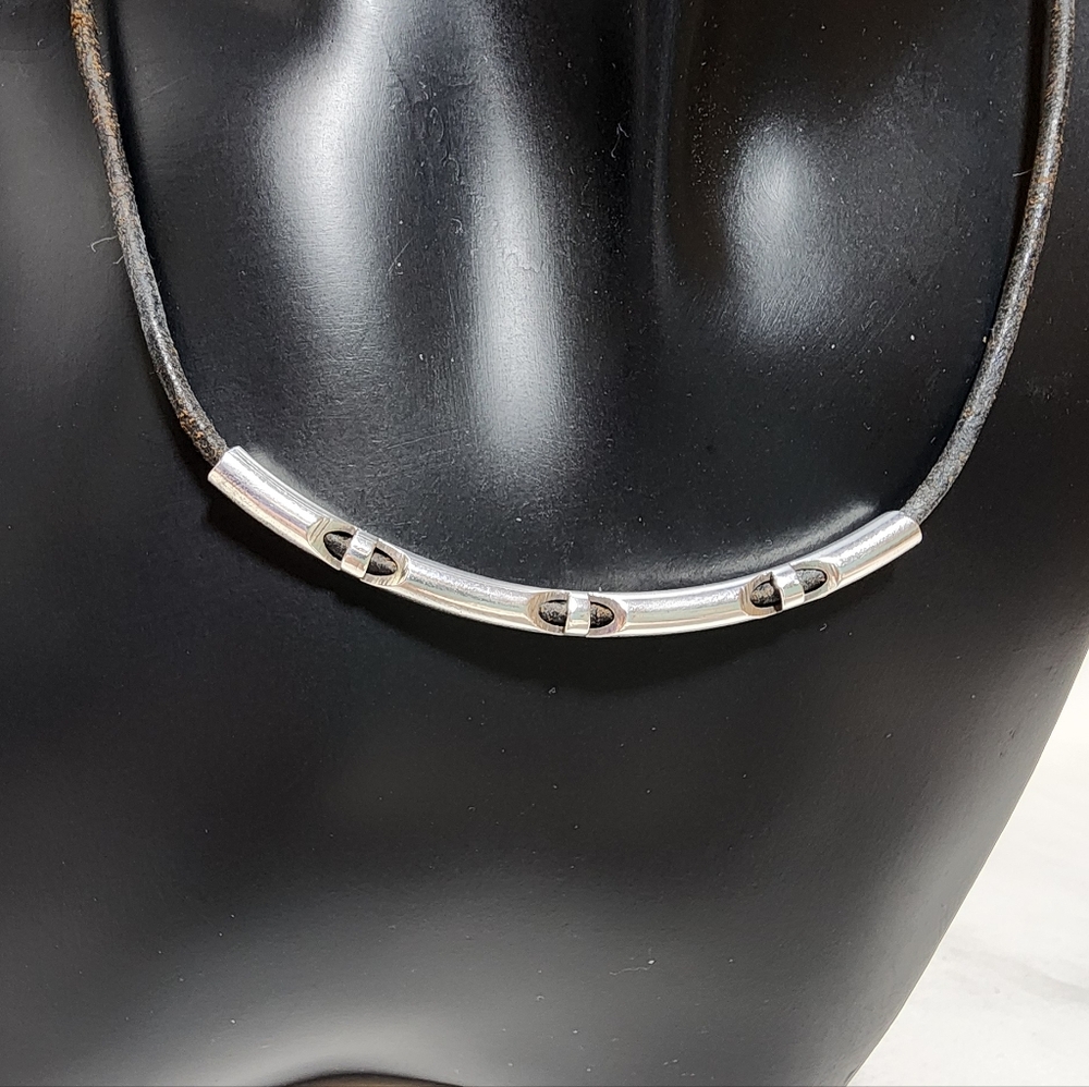 Sterling Silver 925 Modernist Bar Necklace on Leather Cord – Mexico, Minimalist